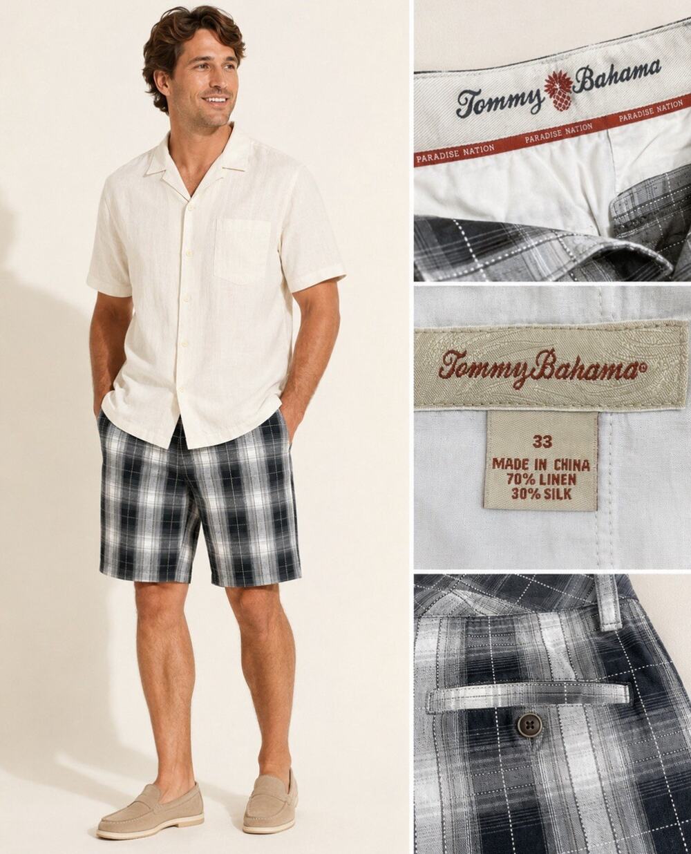 Coastal Old Money Tommy Bahama Flat Front Linen Silk Shorts Size 33 Black Plaid
